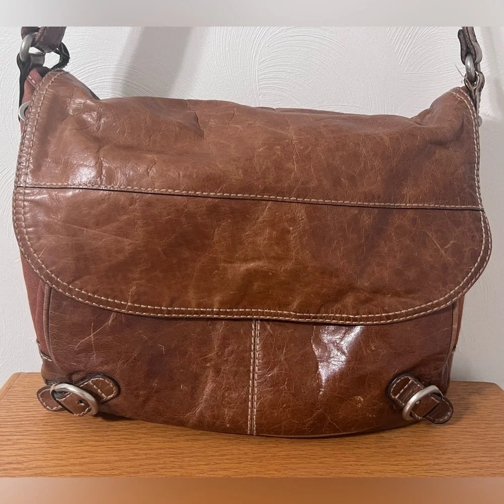 Fossil Brown Canvas Glazed Leather Large Messenger Bag Buckles Office School